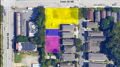 An image of a large L-shaped development site along Irwin Street in Atlanta's Old Fourth Ward near many homes and lots.