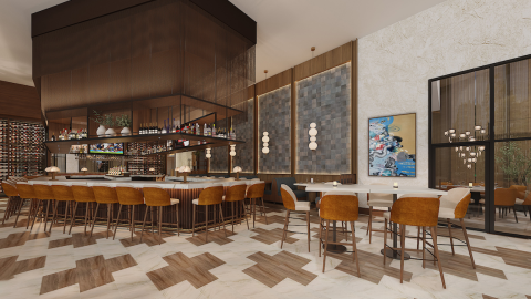 An image of a large Midtown development with a new restaurant space at the base near wide streets.