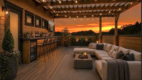 An image of a new townhome with brick and dark siding along a popular pedestrian pathway in Atlanta under blue evening skies.