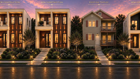 An image of a site where three large modern houses are proposed near woods on the westside of Atlanta where vacant lots are today.