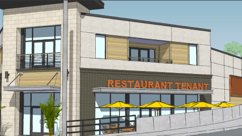 An image of a corner development site where a two-story mixed use building in brown and white is proposed in Decatur, east of Atlanta.
