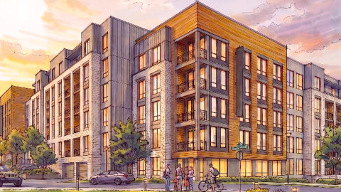 An image of a site where a large apartment building is planned with many balconies along a wide street,