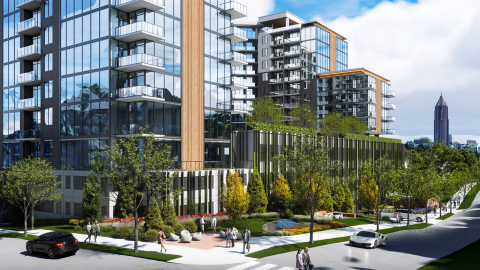 A rendering of a large glassy building under blue-gray skies near wide streets in Atlanta with many trees and houses around, with balconies jutting off the building.