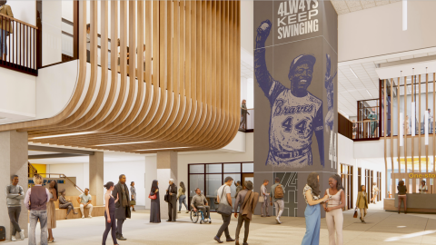A rendering of a large school facility with a huge mural of Hank Aaron inside, in south Atlanta.