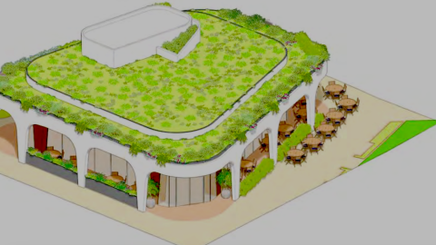 An image of plans for a new retail building with patios near many large buildings in Buckhead Atlanta near a wide street. 
