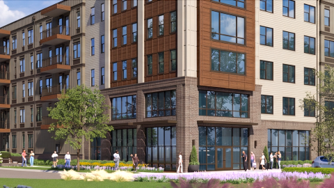 A rendering of a large residential project now under construction in Atlanta's northwest suburbs with many windows and beige and brown siding. 