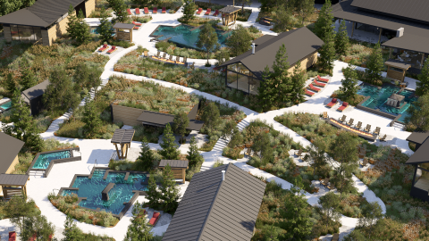 An image of a large lot in the North Georgia Mountains transformed into a nordic spa with many buildings and pools and pathways.