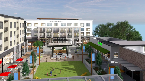 A rendering showing a large white hotel as part of a new development with a plaza and pub and outdoor seating.