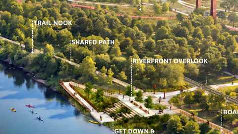 An image of a large memorial park on a wide river beside a new park site northwest of downtown Atlanta.