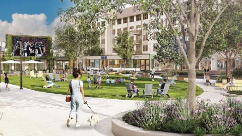A rendering of a large new development with many buildings replacing a largely vacant suburban-style mall near Atlanta. 