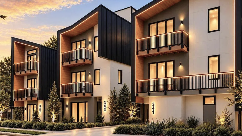 A rendering of a three large modern-style homes in Atlanta under blue skies near wide streets and many trees.