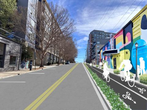 An image showing before and after of a large street and bike lane project in Atlanta under blue skies.