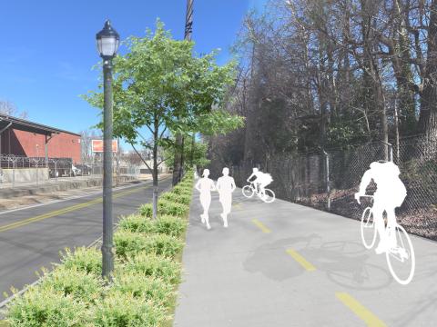 An image showing before and after of a large street and bike lane project in Atlanta under blue skies.