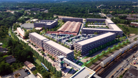 A rendering of a development under blue skies in Atlanta with a white apartment building and a glassy office tower. 