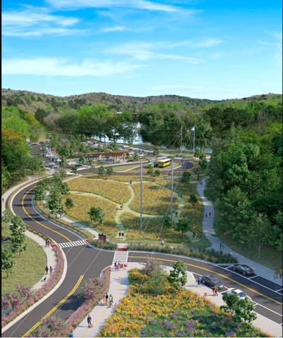 An image of a large greenspace beside a river where a new park is planned.