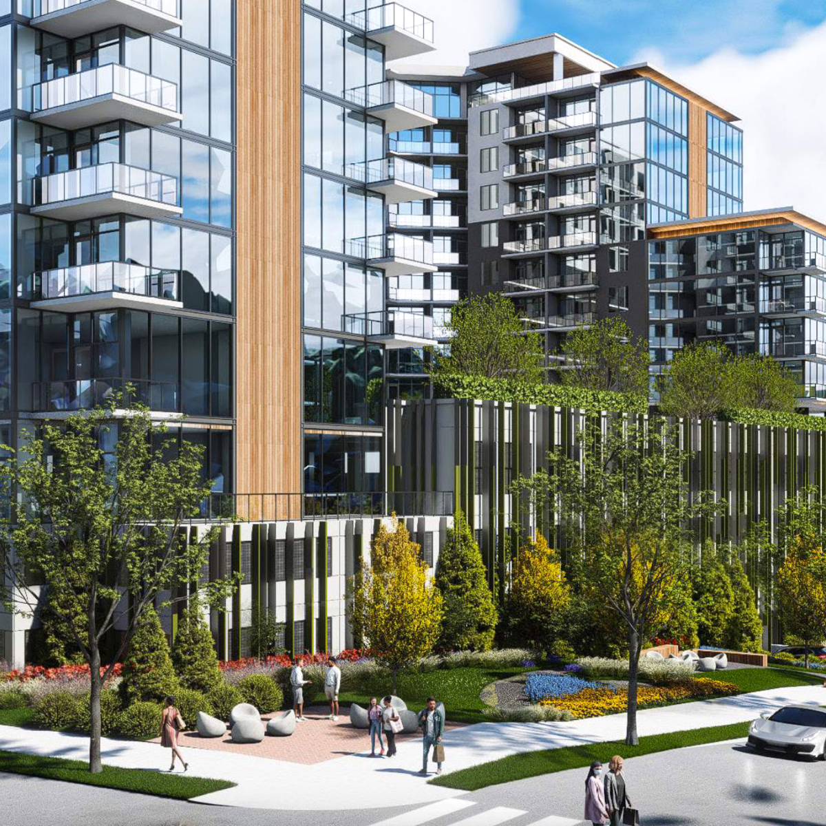 Detail rendering of the residential towers and pocket park at 782 Ponce de Leon Place